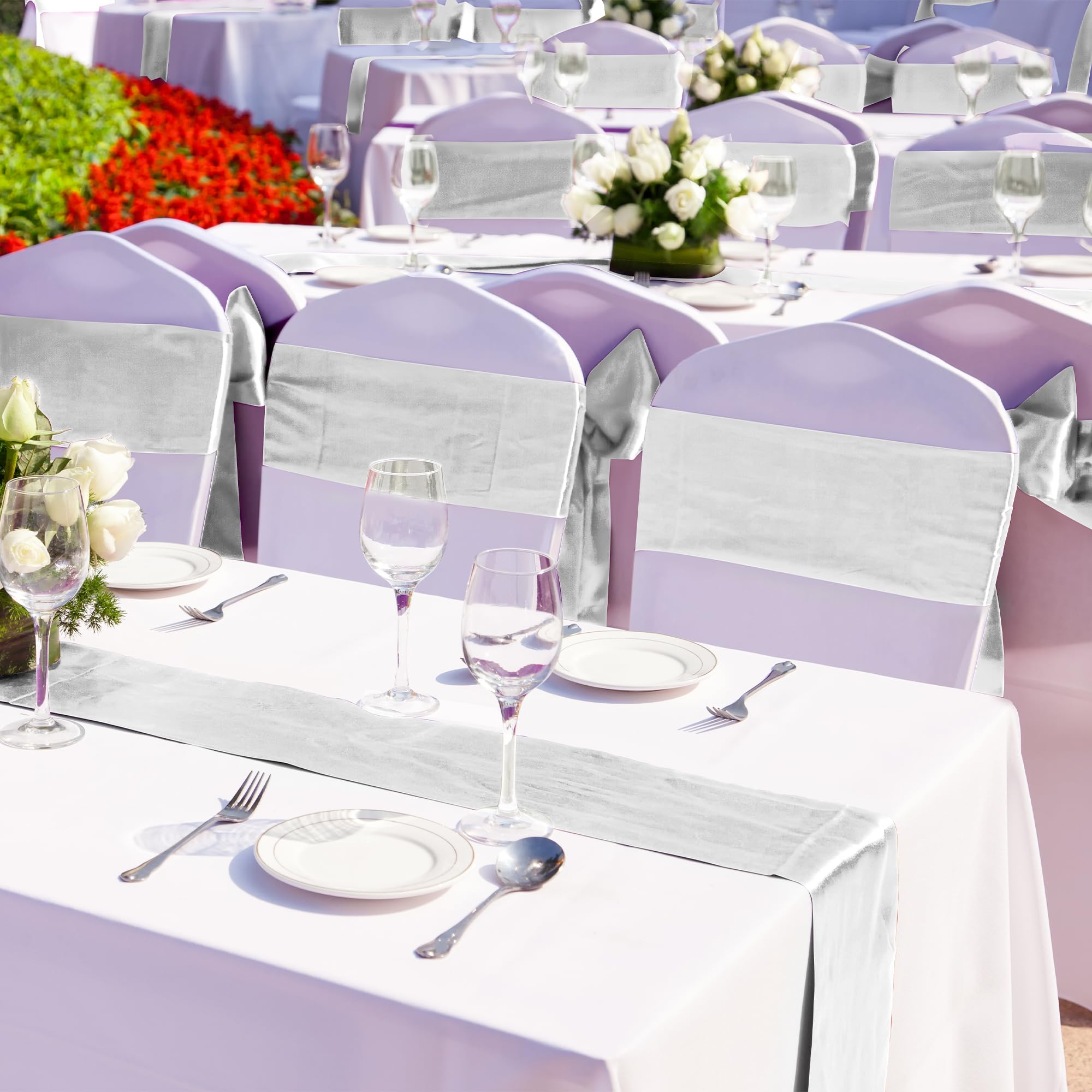 Aneco 12 Pack Satin Table Runner 12 X 108 Inch Light Silver Long Wedding Satin Silk Table Runner For Wedding Banquet Graduations